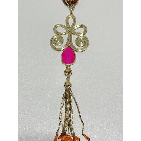 Lilly Pulitzer Boho‎ Lariat Necklace Gold Tone Chain Pink Stone Tassel Pendant - Picture 8 of 11